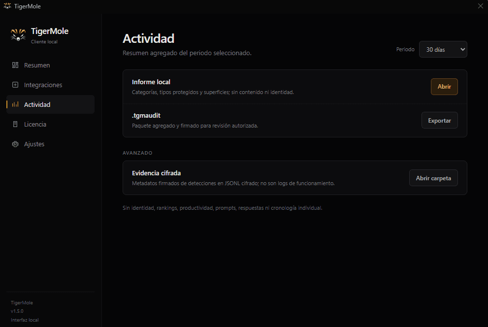 Abre y exporta evidencia local. — TigerMole